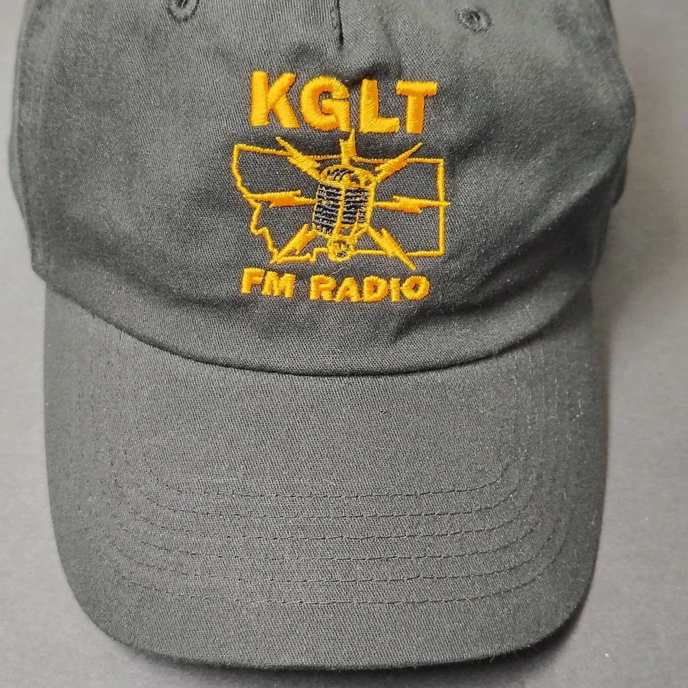 KGLT FM Radio Hat Cap Adjustable Strap Cotton Bozeman Montana Mic Logo Embroider